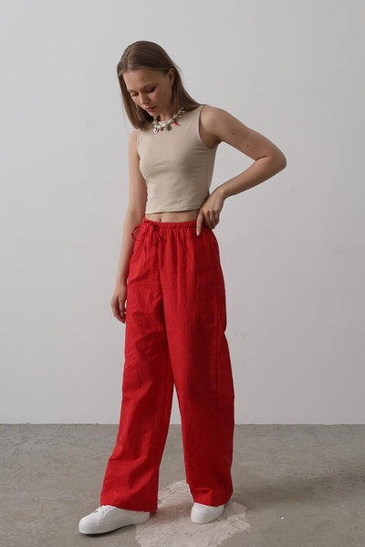 Pantaloni Broderie cu Legare Talie - Roșu