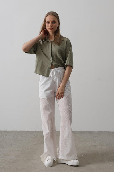 Pantaloni Broderie cu Legare Talie - Alb