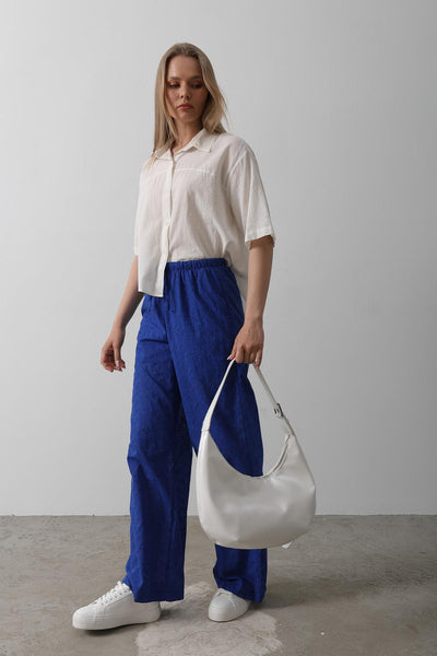Pantaloni Broderie cu Legare Talie - Albastru Deschis