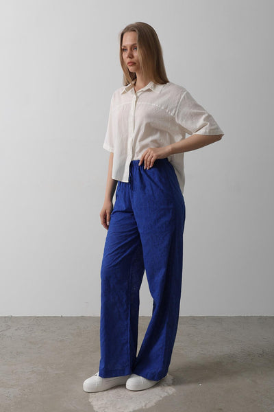 Pantaloni Broderie cu Legare Talie - Albastru Deschis