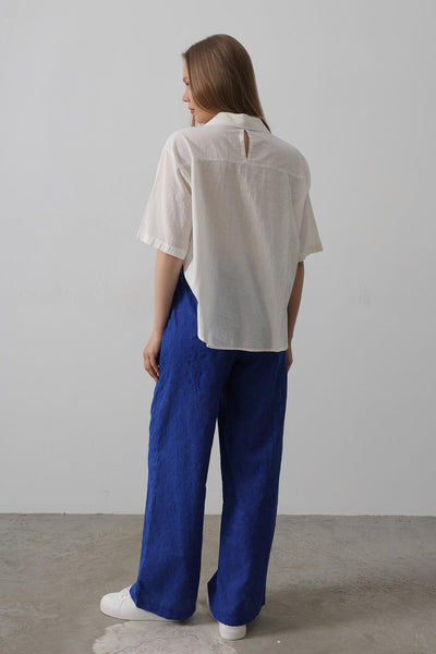 Pantaloni Broderie cu Legare Talie - Albastru Deschis