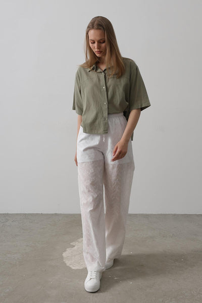 Pantaloni Broderie cu Legare Talie - Alb