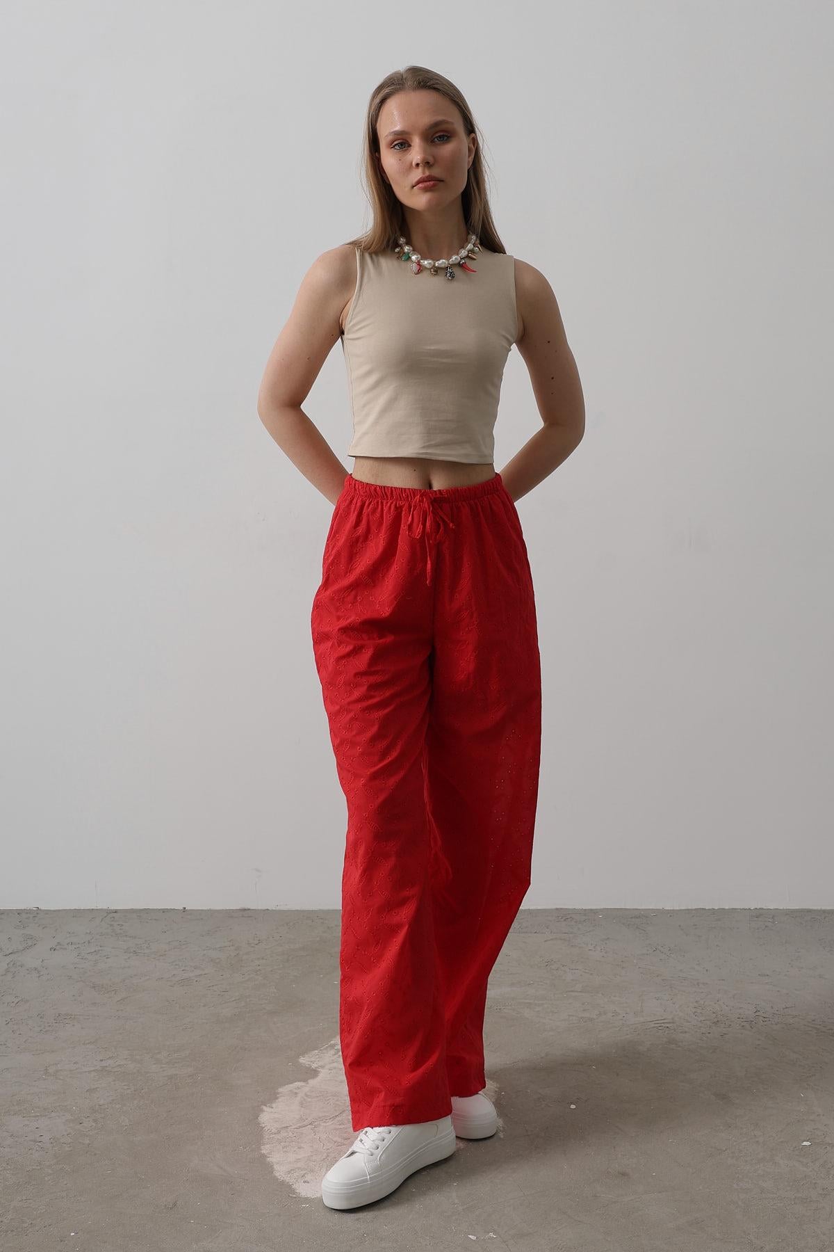 Pantaloni Broderie cu Legare Talie - Roșu
