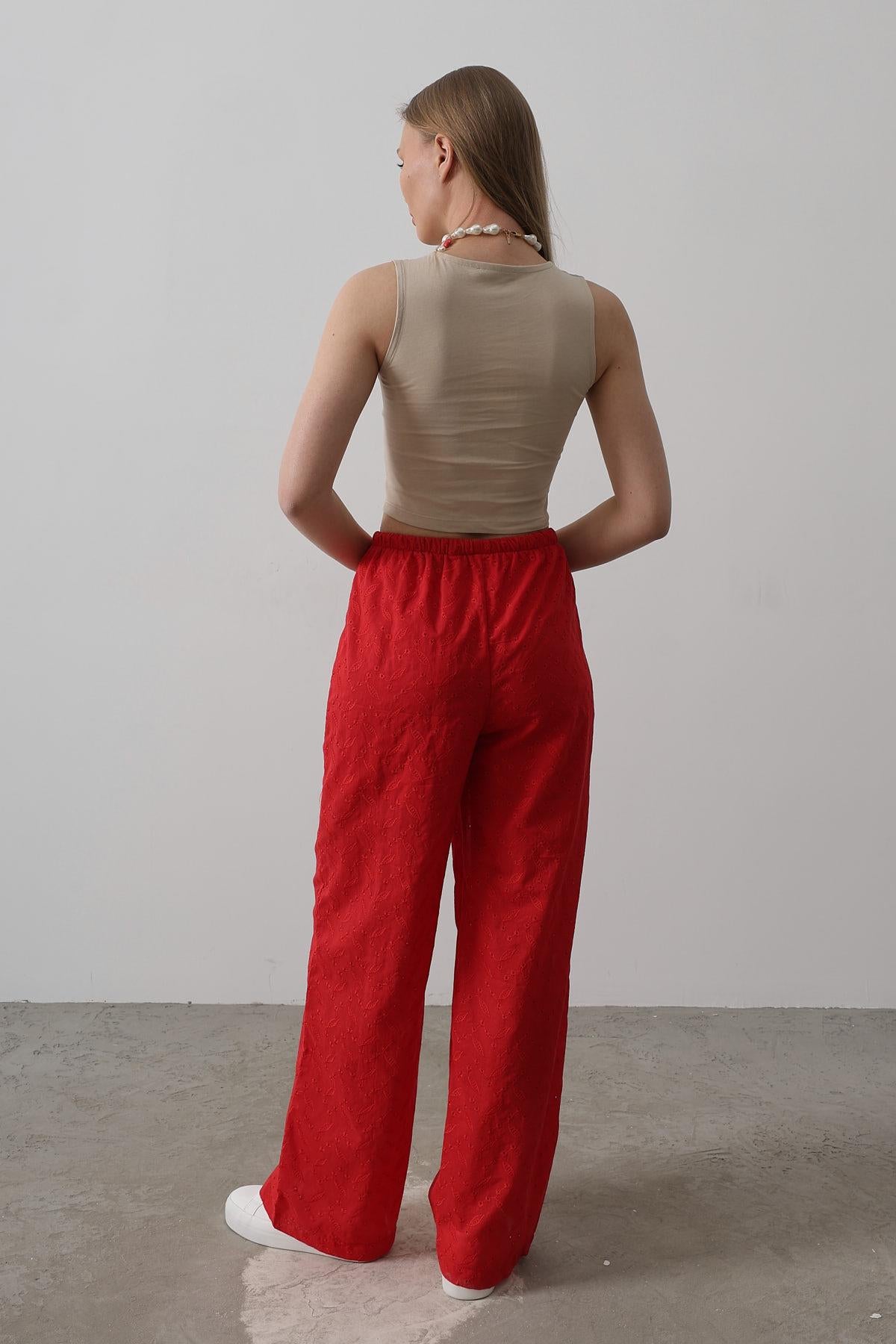 Pantaloni Broderie cu Legare Talie - Roșu
