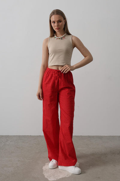 Pantaloni Broderie cu Legare Talie - Roșu