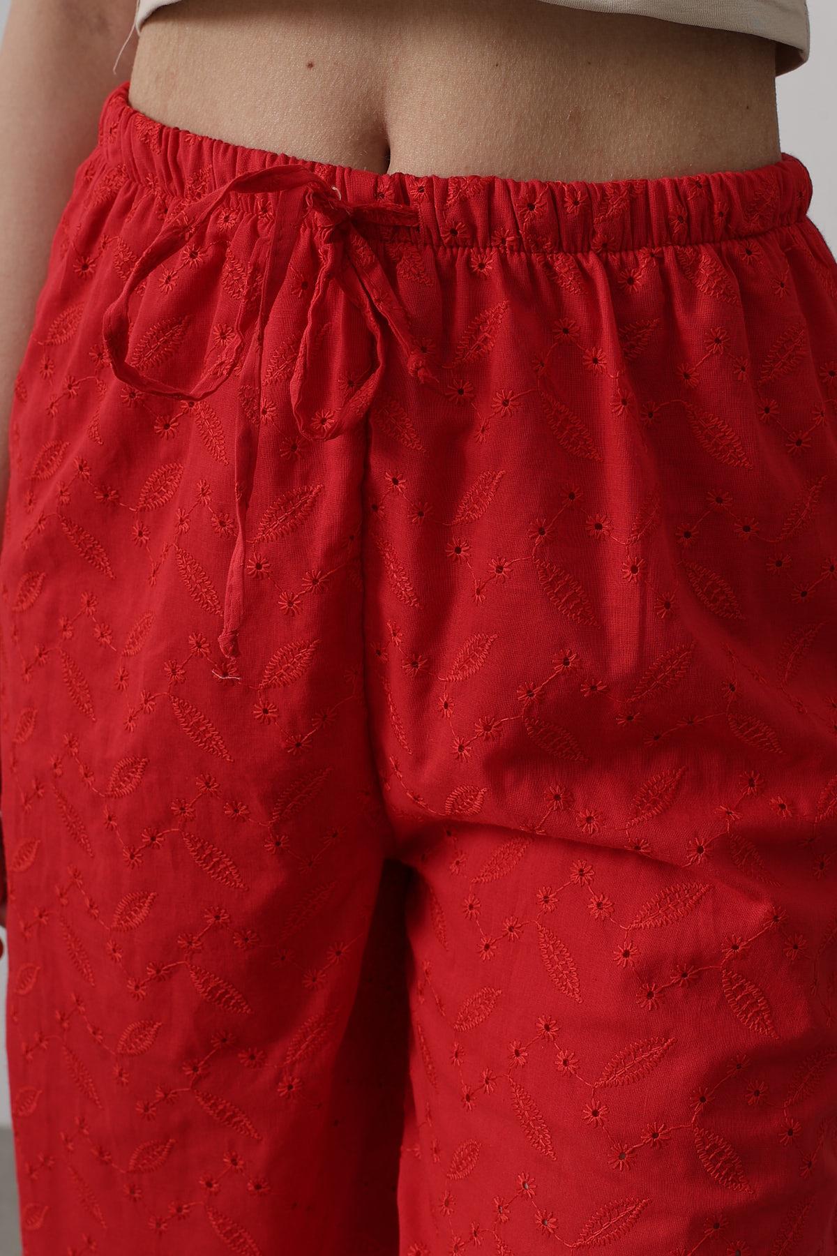 Pantaloni Broderie cu Legare Talie - Roșu