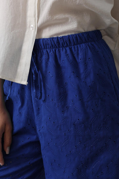 Pantaloni Broderie cu Legare Talie - Albastru Deschis