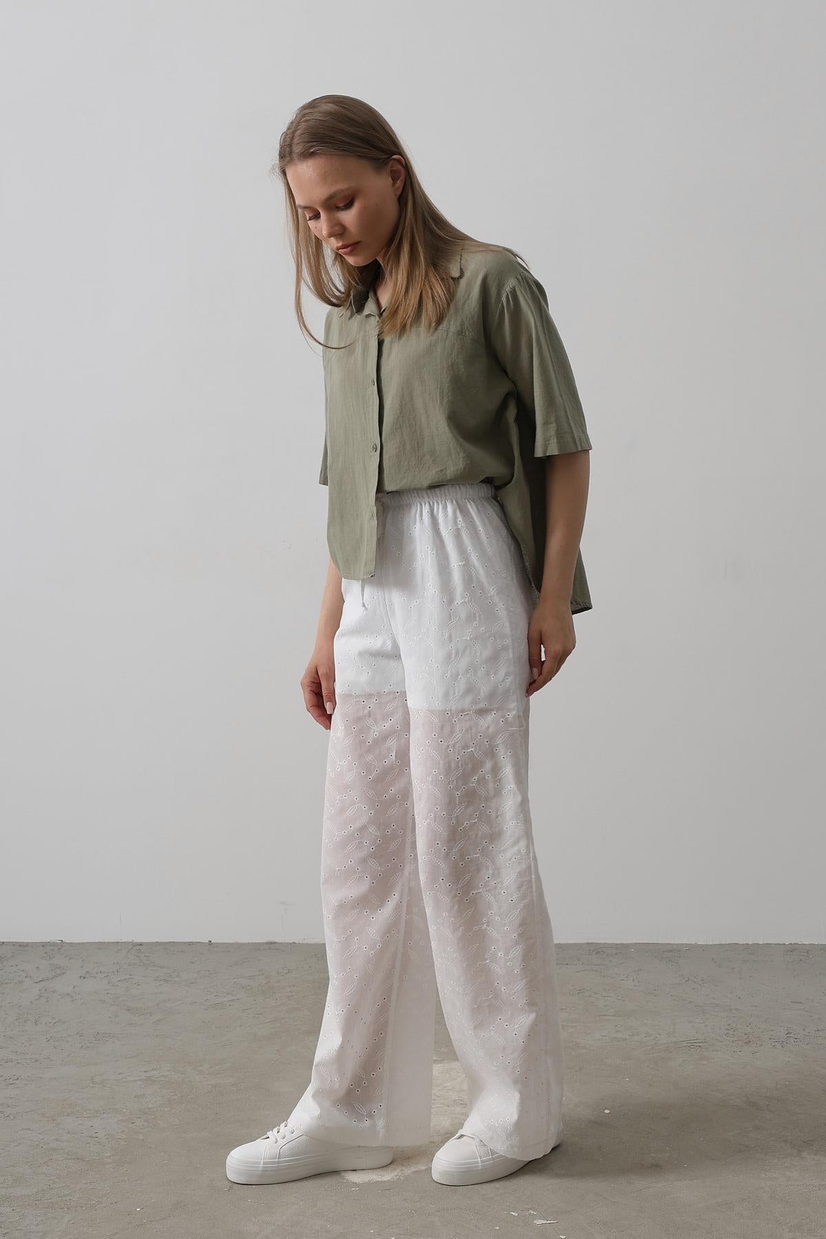 Pantaloni Broderie cu Legare Talie - Alb