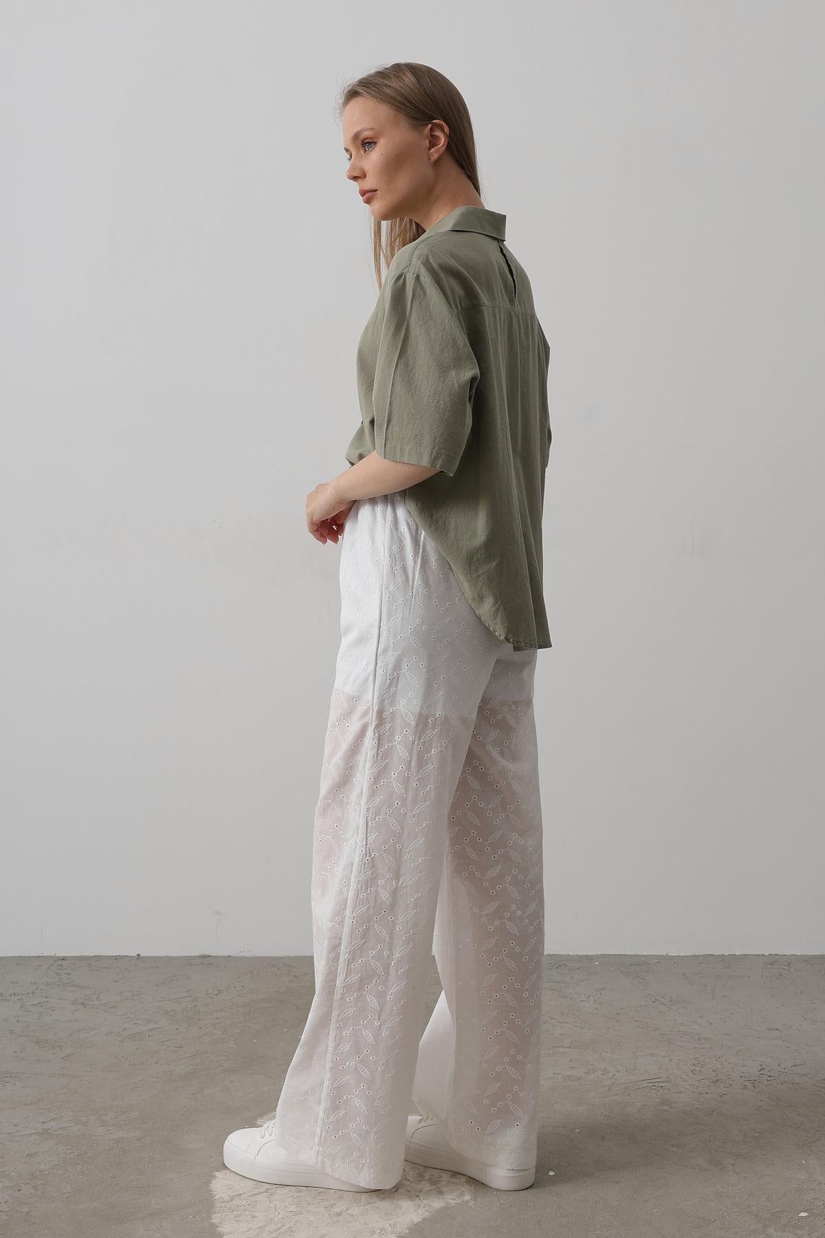 Pantaloni Broderie cu Legare Talie - Alb