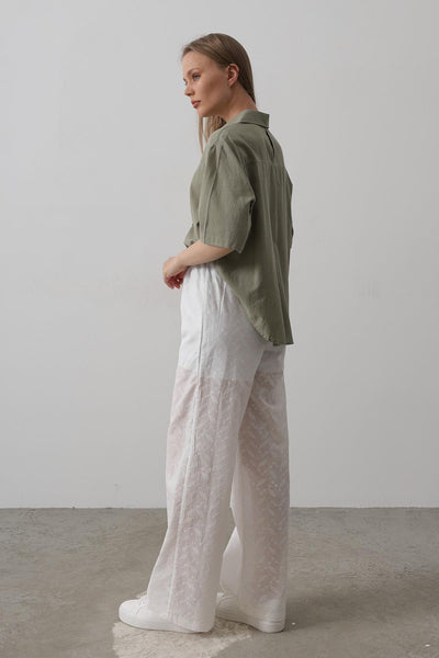 Pantaloni Broderie cu Legare Talie - Alb