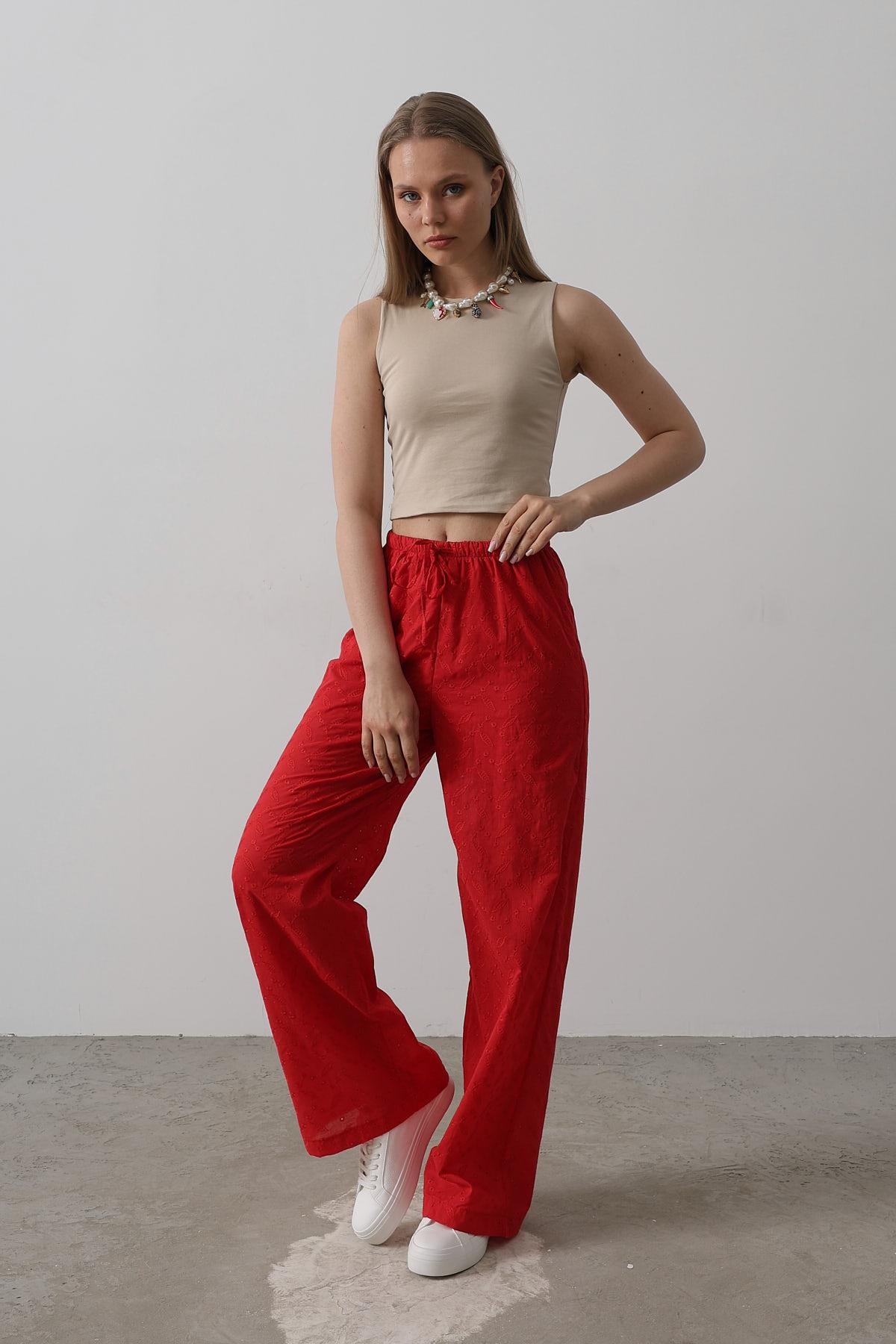 Pantaloni Broderie cu Legare Talie - Roșu