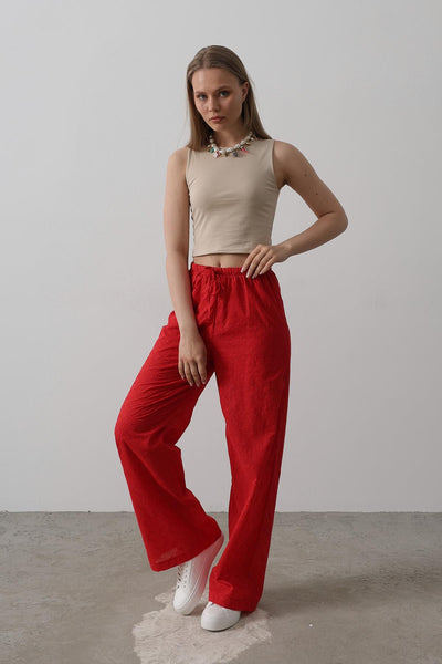 Pantaloni Broderie cu Legare Talie - Roșu