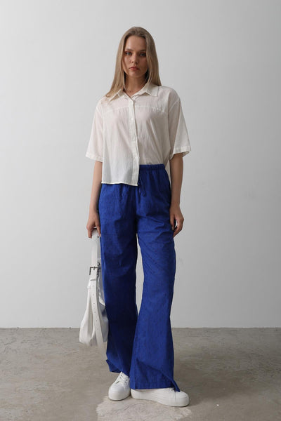 Pantaloni Broderie cu Legare Talie - Albastru Deschis