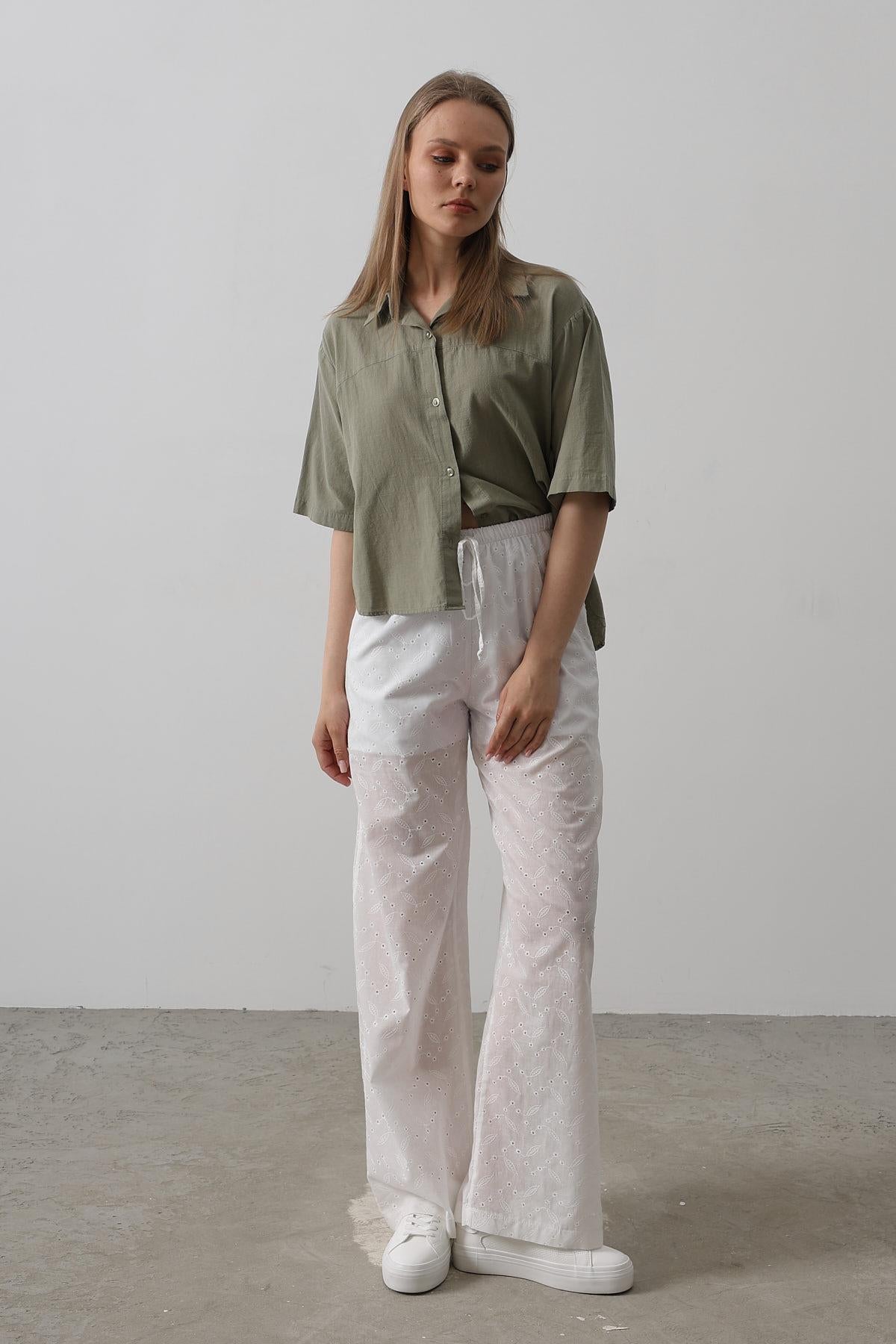 Pantaloni Broderie cu Legare Talie - Alb