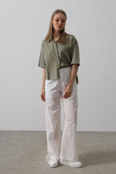 Pantaloni Broderie cu Legare Talie - Alb