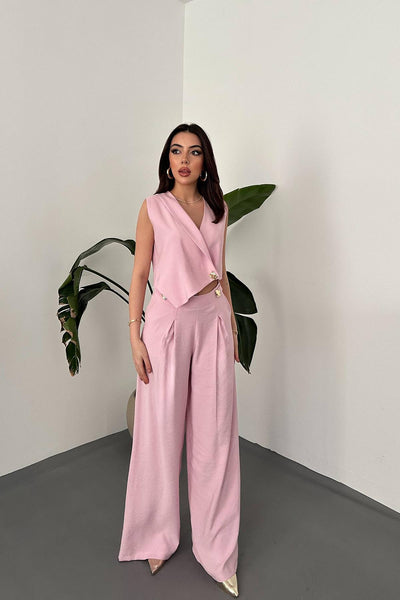 Pembe Asimetrik Yelek Ve Pantolon Takım