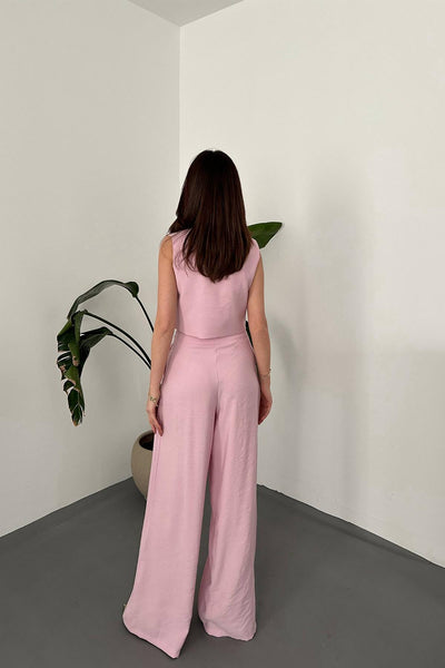 Pembe Asimetrik Yelek Ve Pantolon Takım