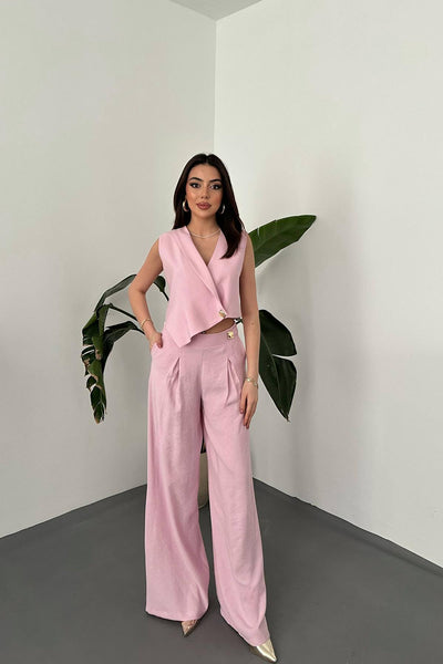Pembe Asimetrik Yelek Ve Pantolon Takım