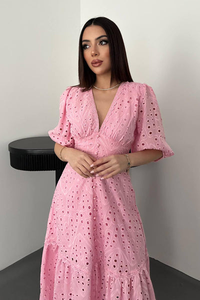 Pembe Büzgü Detaylı Dantelli Brode Elbise