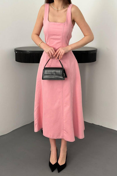 Pembe Çift Dikişli Gabardin Elbise