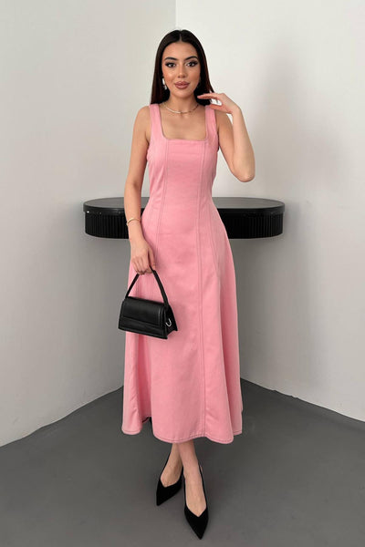 Pembe Çift Dikişli Gabardin Elbise
