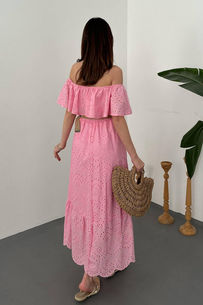 Pembe Omzu Lastikli Brode Elbise