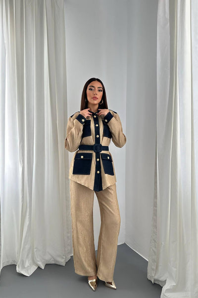 Sarı Garnili Cepli Gömlek Ve Pantolon Takım