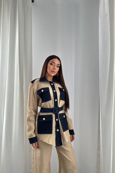 Sarı Garnili Cepli Gömlek Ve Pantolon Takım