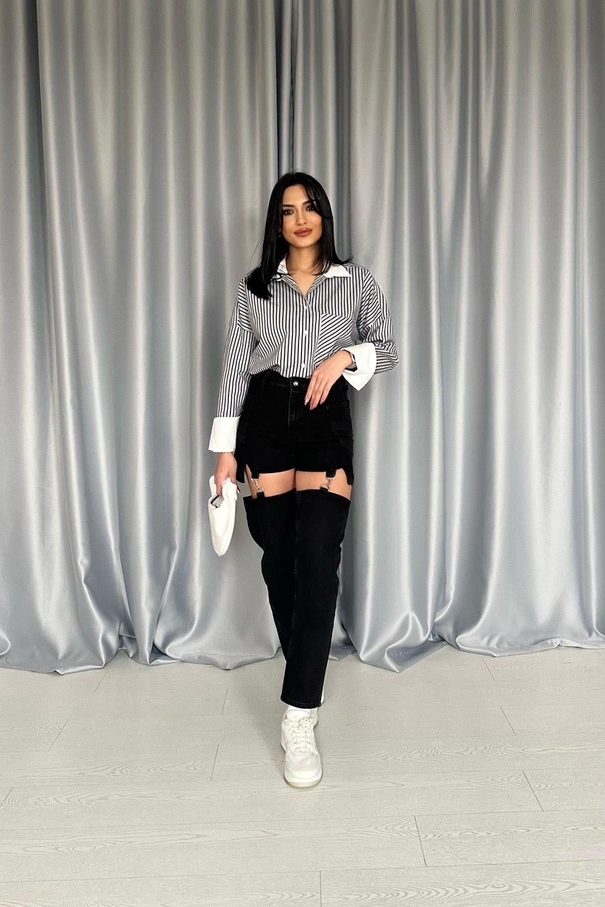 Siyah Askılı İki Parça Jeans Pantolon