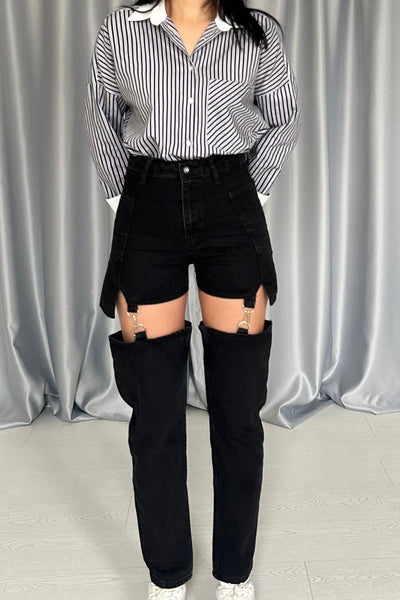 Siyah Askılı İki Parça Jeans Pantolon