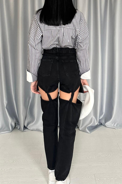 Siyah Askılı İki Parça Jeans Pantolon