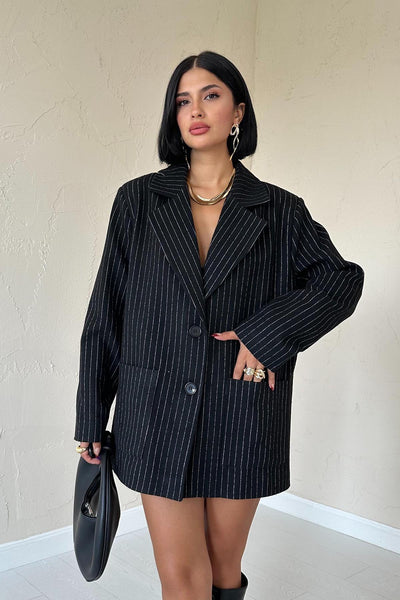 Siyah Çizgili Oversize Ceket