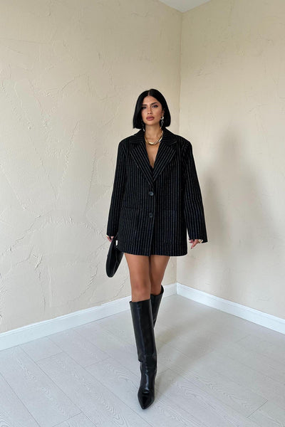 Siyah Çizgili Oversize Ceket