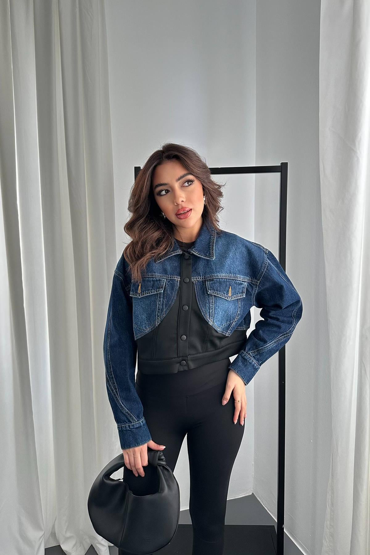 Siyah Denim Scuba Garnili Ceket