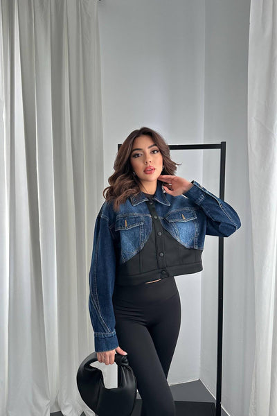 Siyah Denim Scuba Garnili Ceket