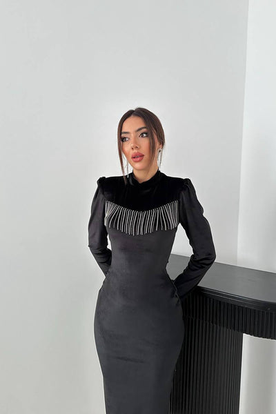 Siyah Kadife Işıltılı Elbise