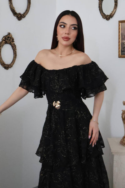 Siyah Kat Kat Fırfırlı Elbise