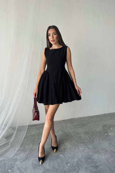 Siyah Mini Boy Büzgülü Keten Elbise