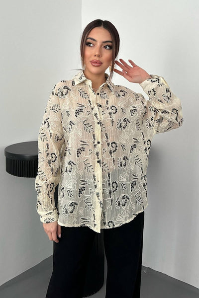 Siyah İşlemeli Oversize Gömlek