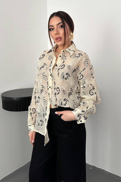 Siyah İşlemeli Oversize Gömlek