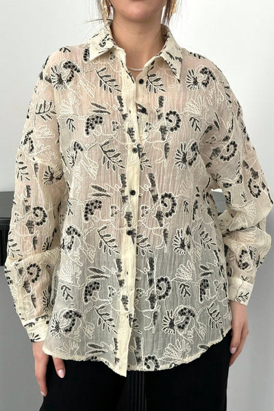 Siyah İşlemeli Oversize Gömlek