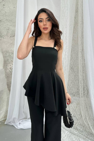 Siyah Volanlı Bluz Ve Pantolon Takım