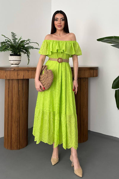 Olive Green Embroidered Dress with Elasticated Shoulders