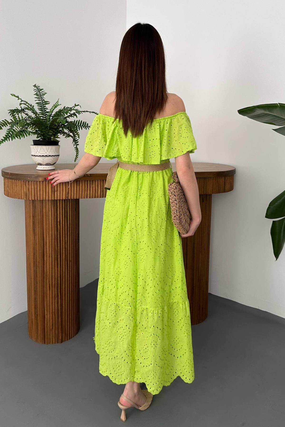 Olive Green Embroidered Dress with Elasticated Shoulders
