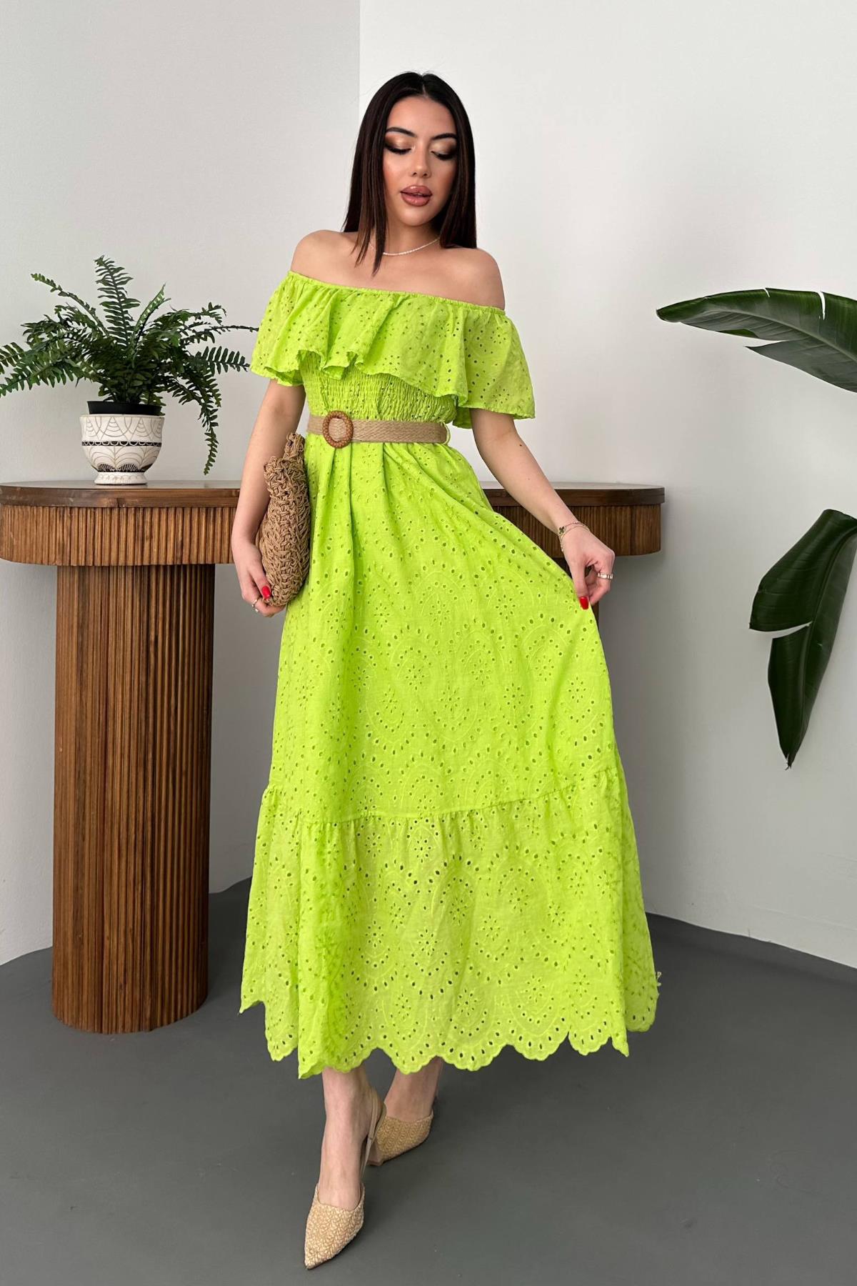 Olive Green Embroidered Dress with Elasticated Shoulders