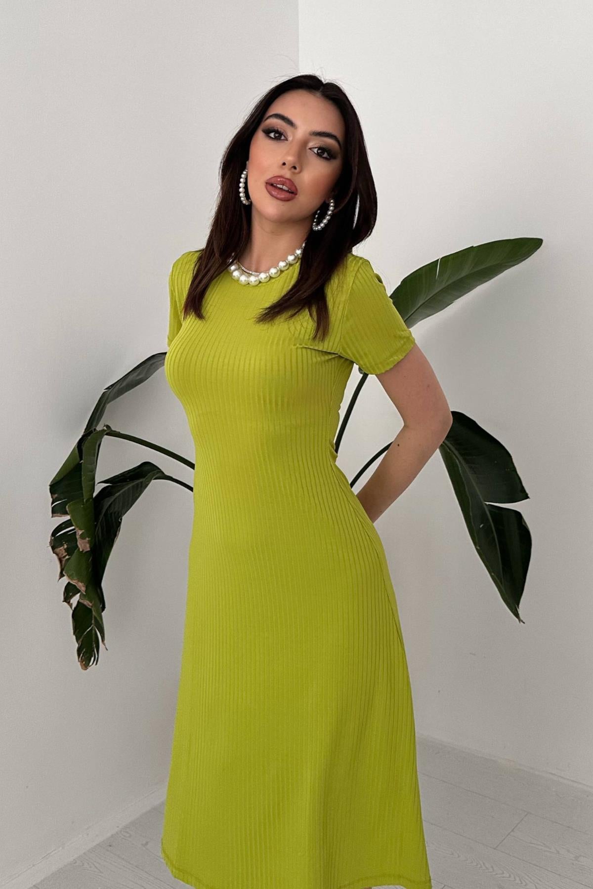 Yeşil Basic Fitilli Midi Elbise