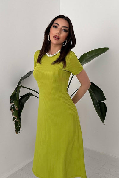 Yeşil Basic Fitilli Midi Elbise