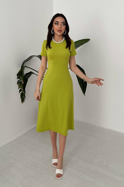 Yeşil Basic Fitilli Midi Elbise