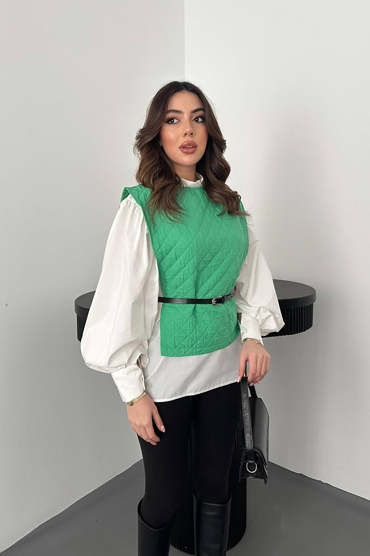 Yeşil Kemerli Gömlek Ve Panço Takım