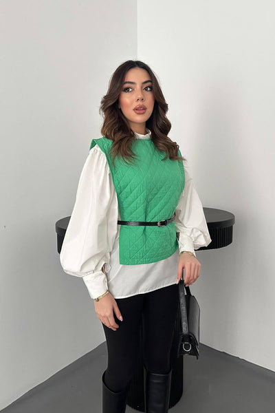Yeşil Kemerli Gömlek Ve Panço Takım